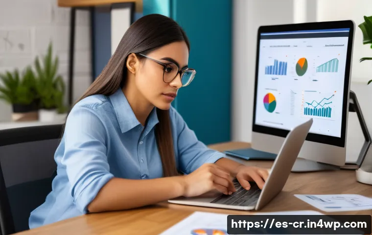 역량 갭 분석을 통한 경력 개발 전략 - A professional young Hispanic woman sitting at a modern home office desk, surrounded by digital devi...