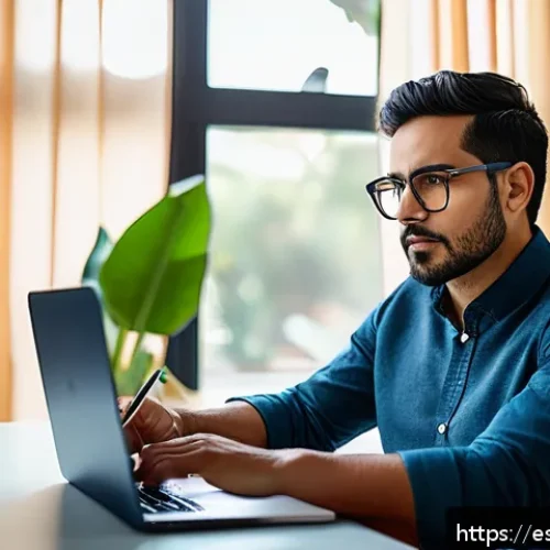 전문가가 알려주는 역량 갭 분석 팁 - A professional Hispanic man in his early 30s sitting at a modern home office desk, thoughtfully revi...