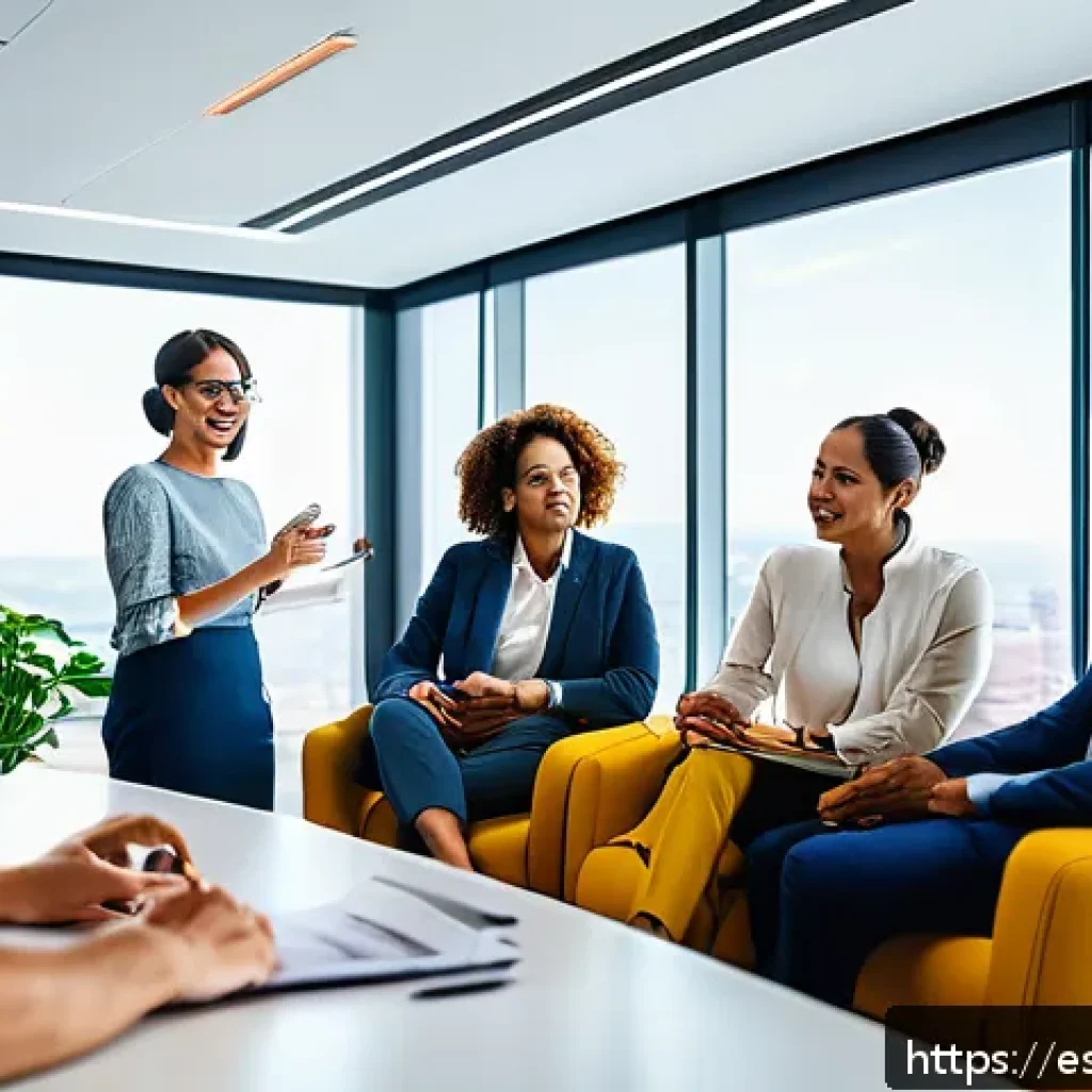 역량 갭 분석의 글로벌 베스트 프랙티스 - A modern office scene showing a diverse team of professionals engaged in a collaborative meeting abo...