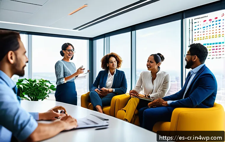 역량 갭 분석의 글로벌 베스트 프랙티스 - A modern office scene showing a diverse team of professionals engaged in a collaborative meeting abo...