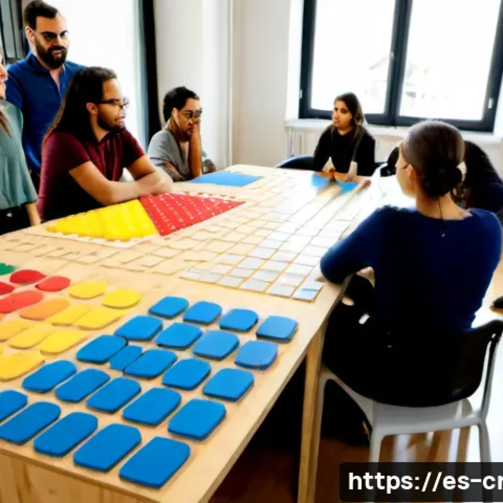 역량 갭 분석과 지속 가능한 발전 - Photorealistic Spanish workplace workshop in a sunlit Barcelona innovation hub, diverse adult profes...