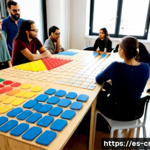 역량 갭 분석과 지속 가능한 발전 - Photorealistic Spanish workplace workshop in a sunlit Barcelona innovation hub, diverse adult profes...