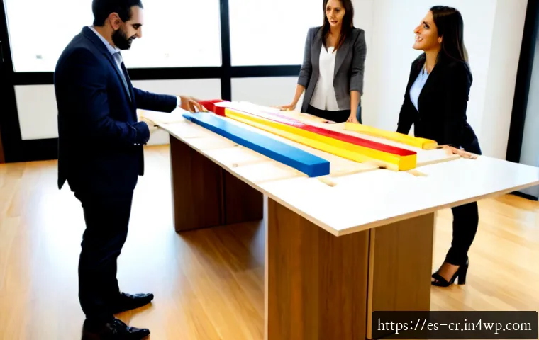 역량 갭 분석과 조직 혁신의 연결 고리 - Photorealistic modern Spanish workplace, diverse team of professionals gathered around a large clean...